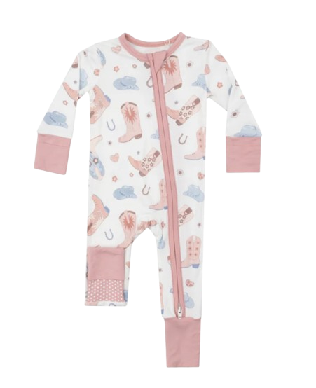 2 Way Zipper Romper - Cowboy Boots - Pink*