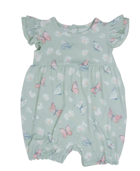 Mint Butterfly Daisy Bamboo Ruffle Romper*