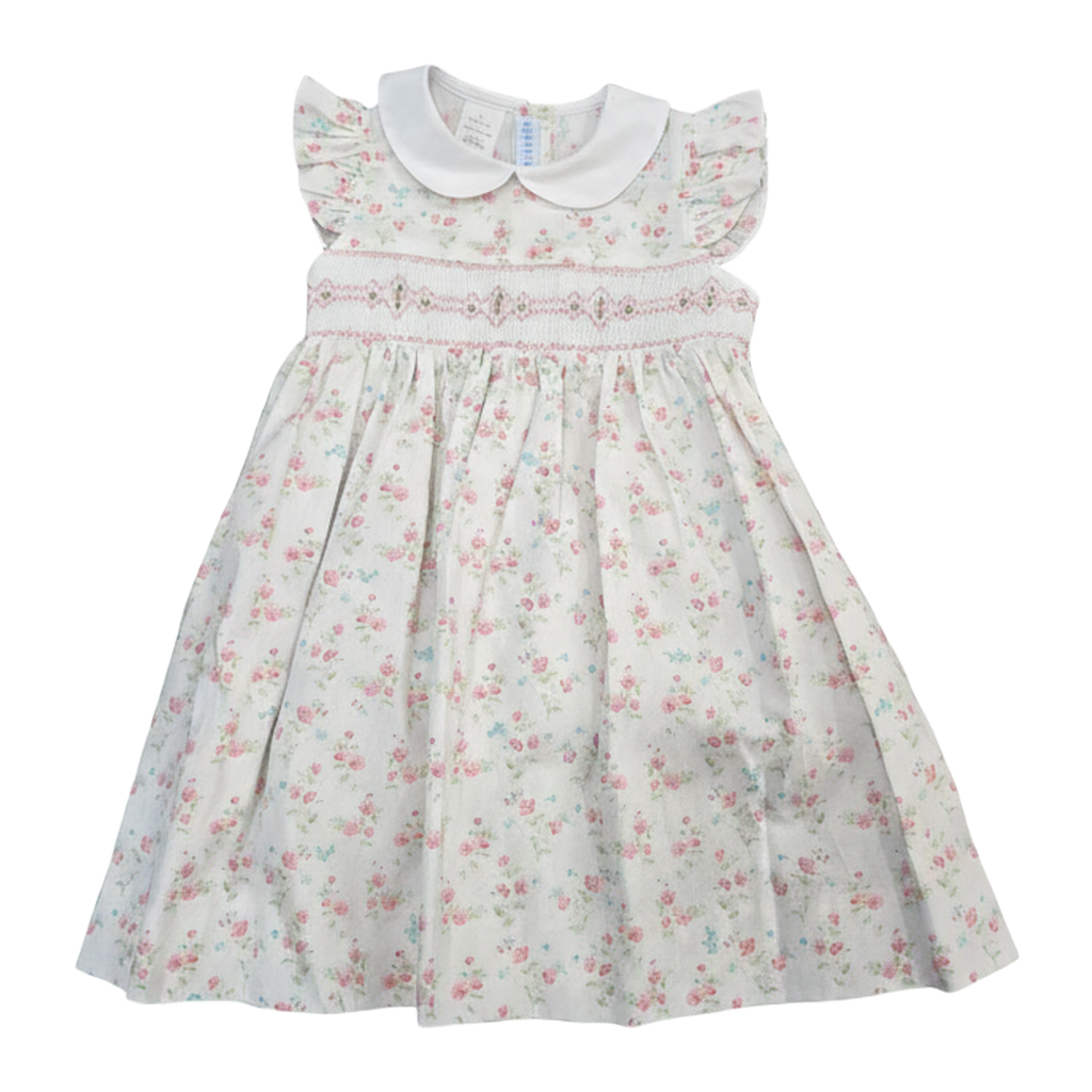 Geometric Smocked White Print Flower Peter Pan Girls Dress*