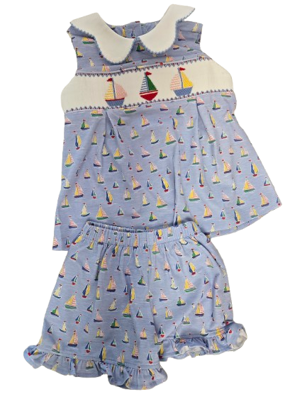 Girls Sailboat Knit Sleeveless Pleat Front Top/Short Set*