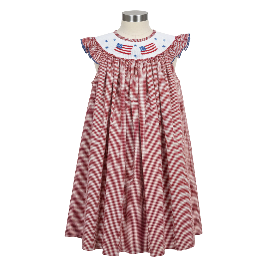 4th of July Smocked Red Gingham Angel Wing Girls Dress*