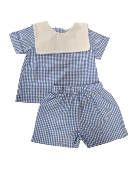 Boys Blue Check Shorts w/White Square Collar Shirt*