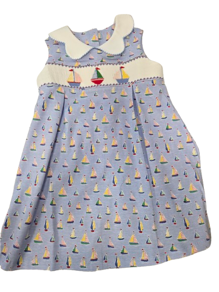Girls Sailboat Knit Sleeveless Pleat Front Dress*