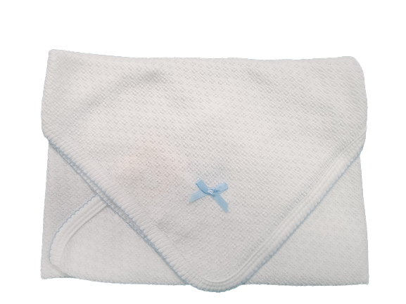 Paty Receiving Blanket w/Bow - White w/Blue Trim*
